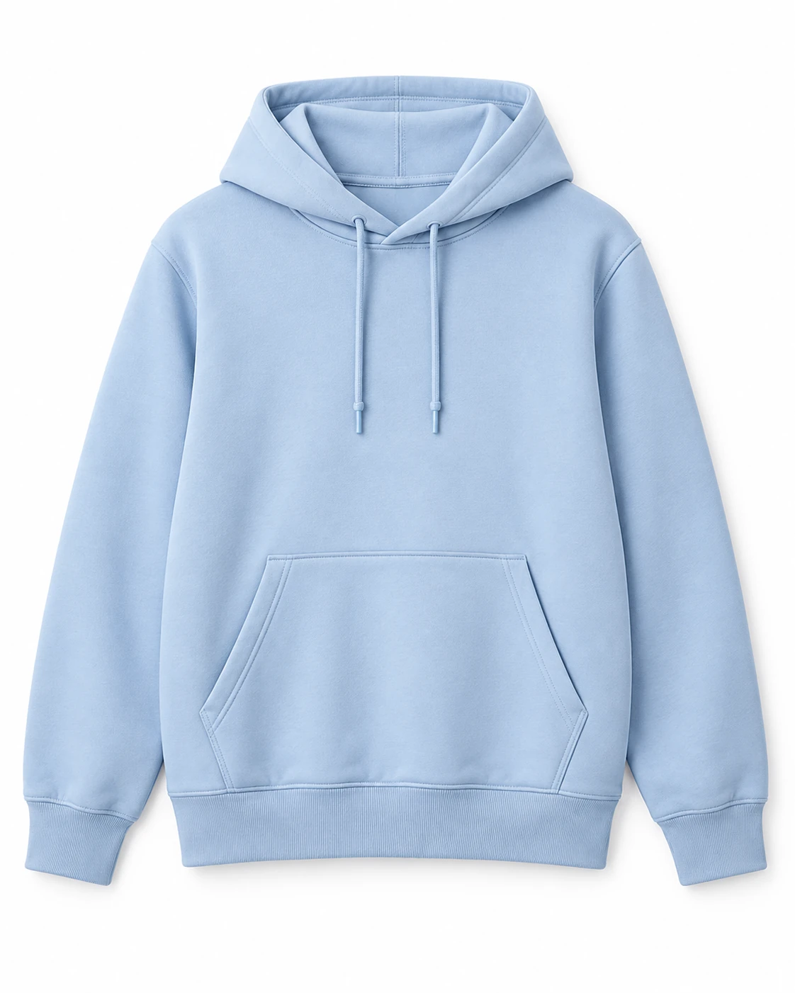 Solid light-blue hoodie shown alone on a light background with visible seams and fabric details.
