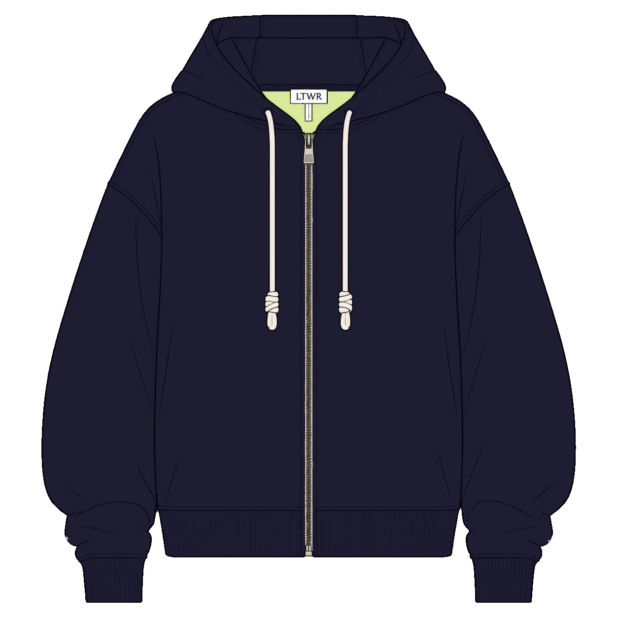 LTWR hoodie colorway 01 with a dark body, lime inner neckline and light drawcords