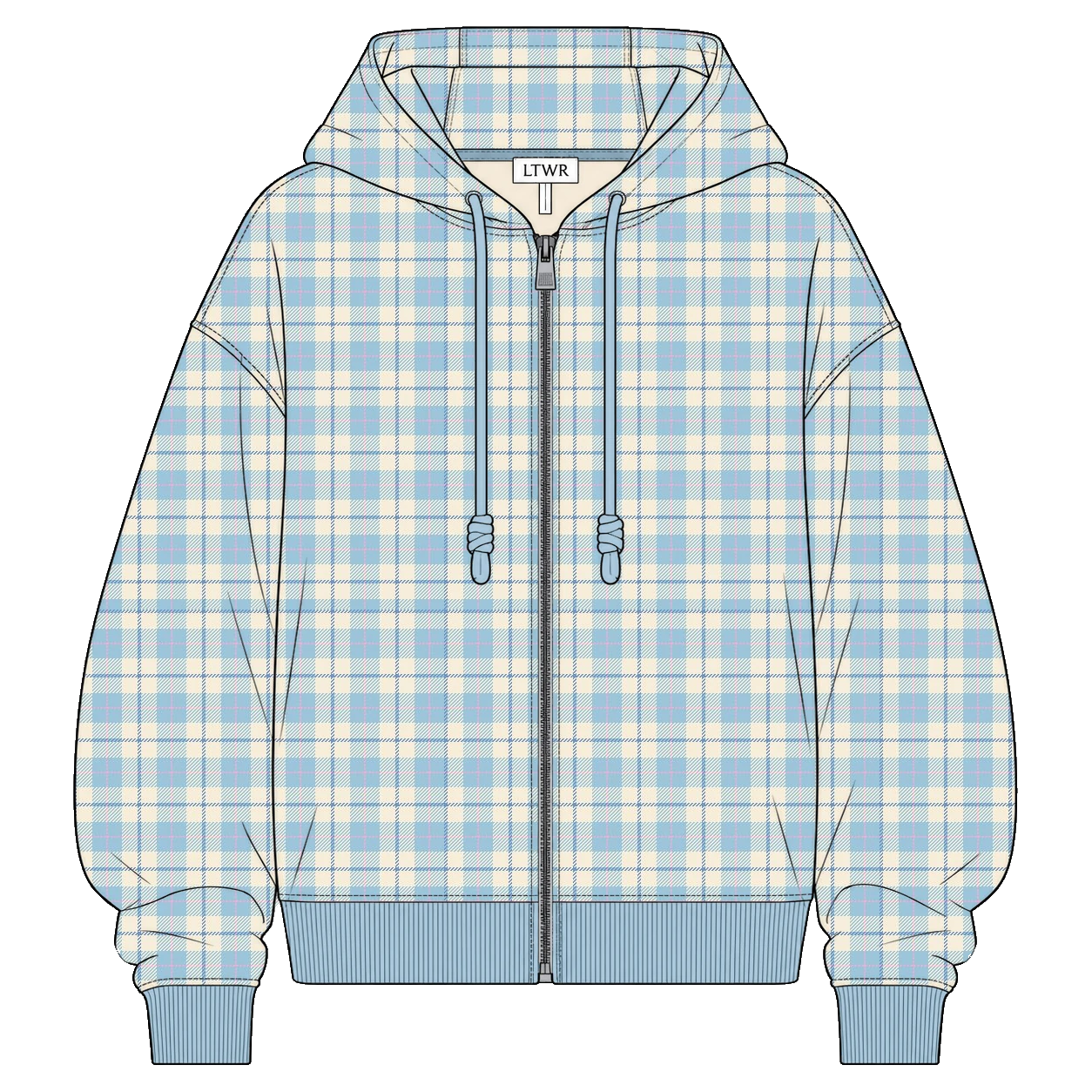 Same hoodie with a plaid pattern, blue ribbing and drawcords, and a light inner neckline